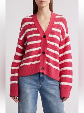 Rails Pink and White Striped V-Neck Button Cardigan